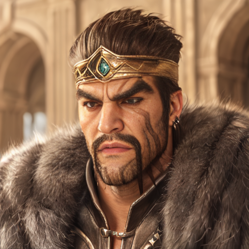 00708-2743142002-,1boy,solo,male focus,jewelry,facial hair,earrings,brown hair,brown eyes,manly,fur trim,realistic,teeth,crown,Gladiatorial arena.png